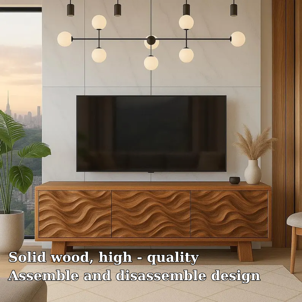 Handcrafted Solid Wood TV Stand with Wave Pattern Doors – Modern Artistic Media Console
