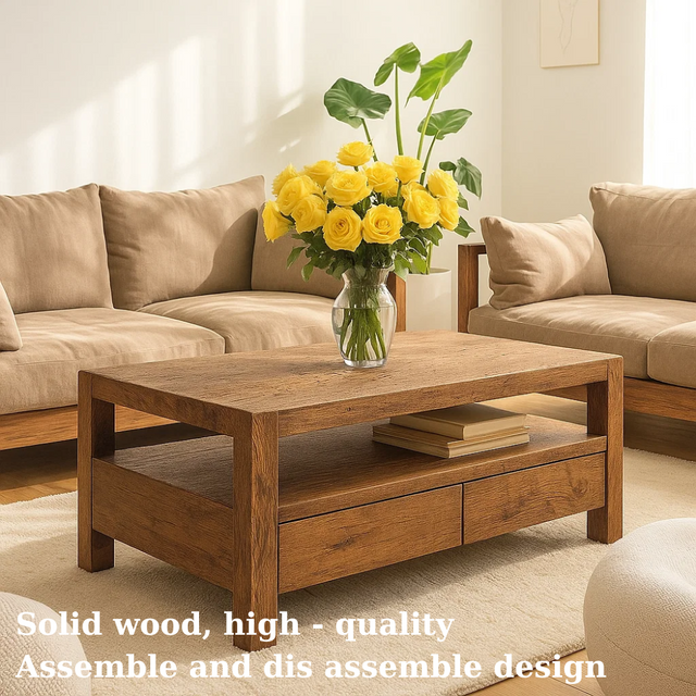 Handcrafted Solid Wood Coffee Table – Modern Rustic Center Table with Drawers and Open Shelf for Minimalist Living Room Décor
