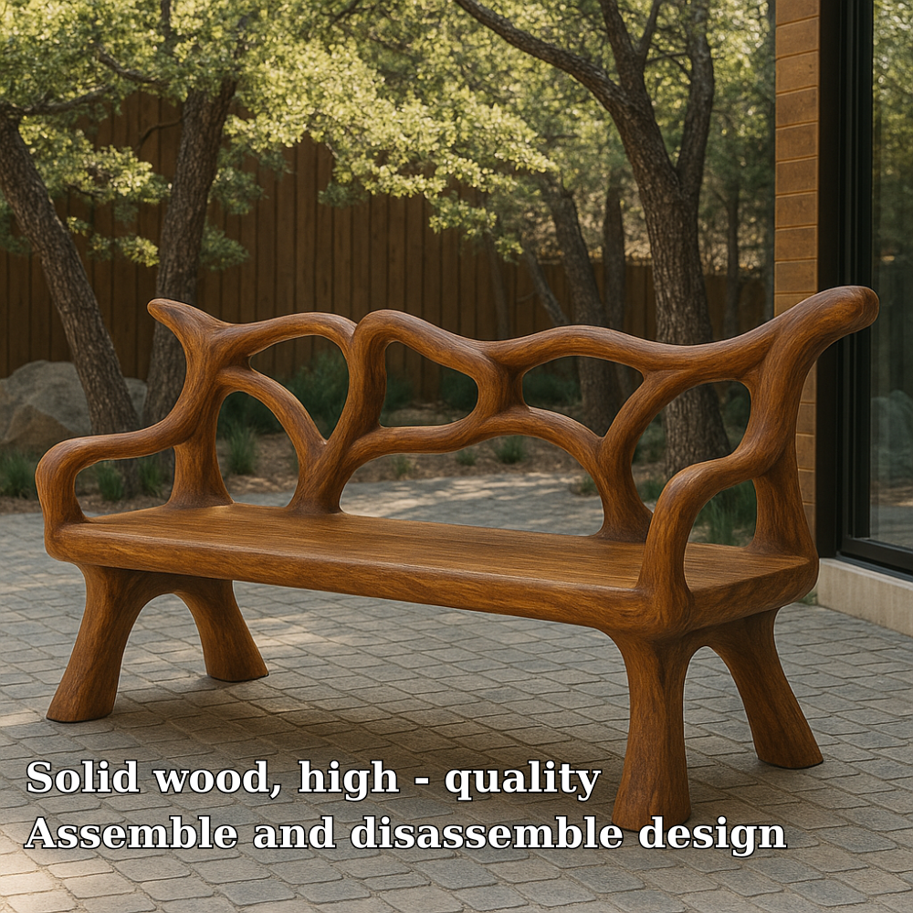 Handcrafted Solid Wood Bench with Backrest – Organic Sculptural Design for Modern Outdoor Spaces