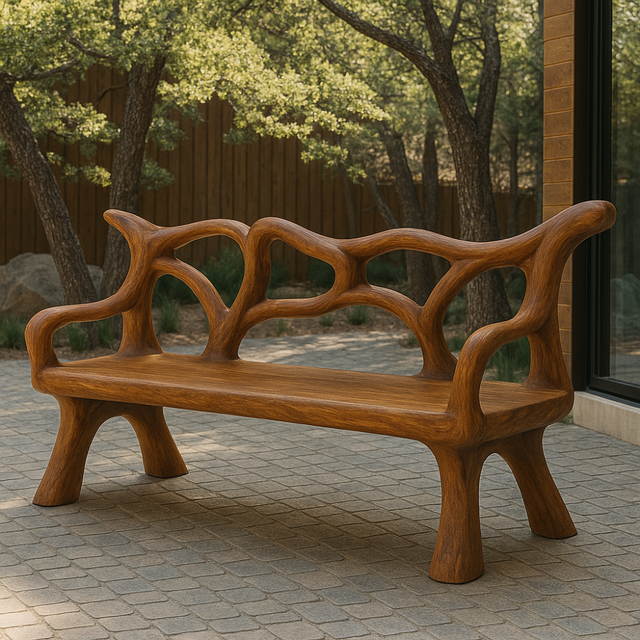 Handcrafted Solid Wood Bench with Backrest – Organic Sculptural Design for Modern Outdoor Spaces
