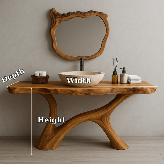 Handcrafted Solid Wood Bathroom Vanity – Organic Live Edge Design with Artistic Mirror Set