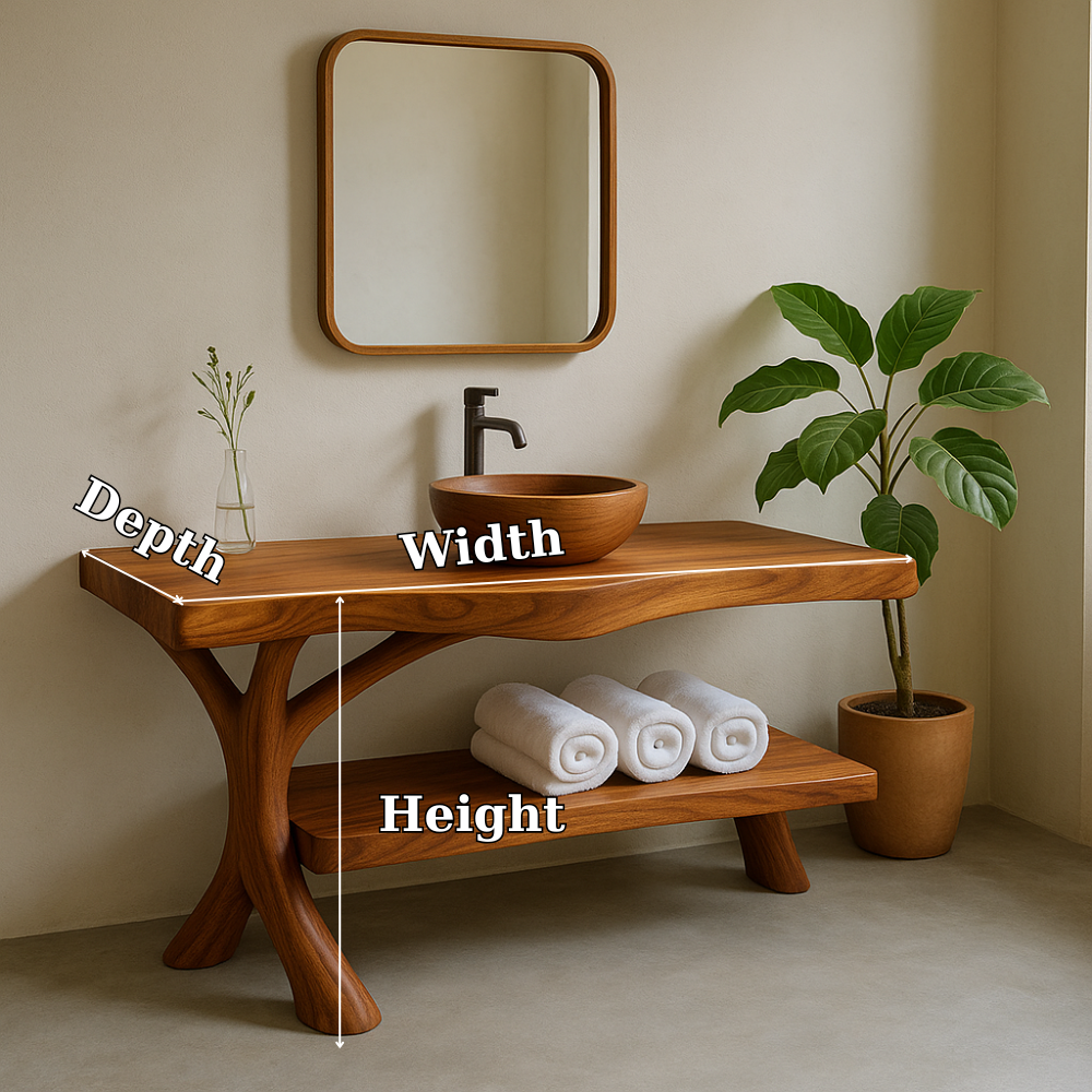 Handcrafted Solid Wood Bathroom Vanity – Organic Curved Design with Shelf for Towels
