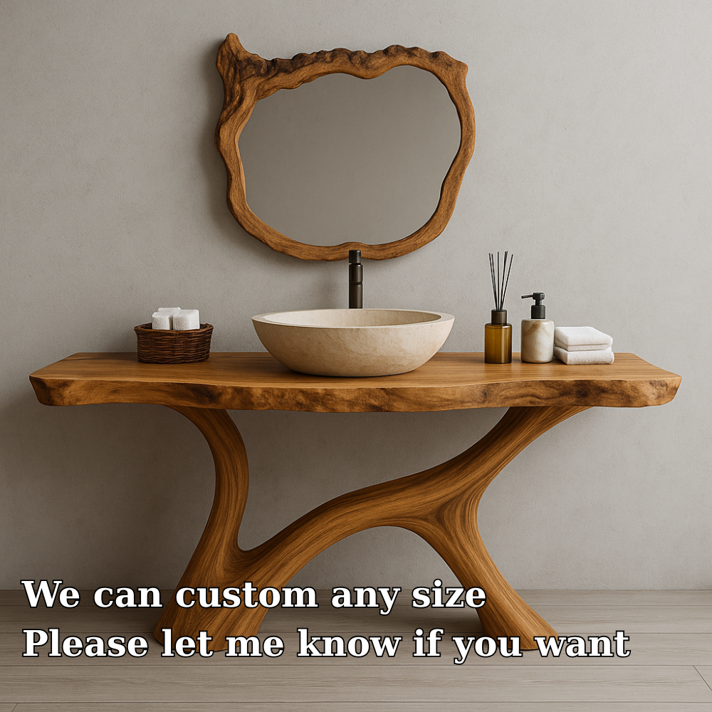 Handcrafted Solid Wood Bathroom Vanity – Organic Live Edge Design with Artistic Mirror Set