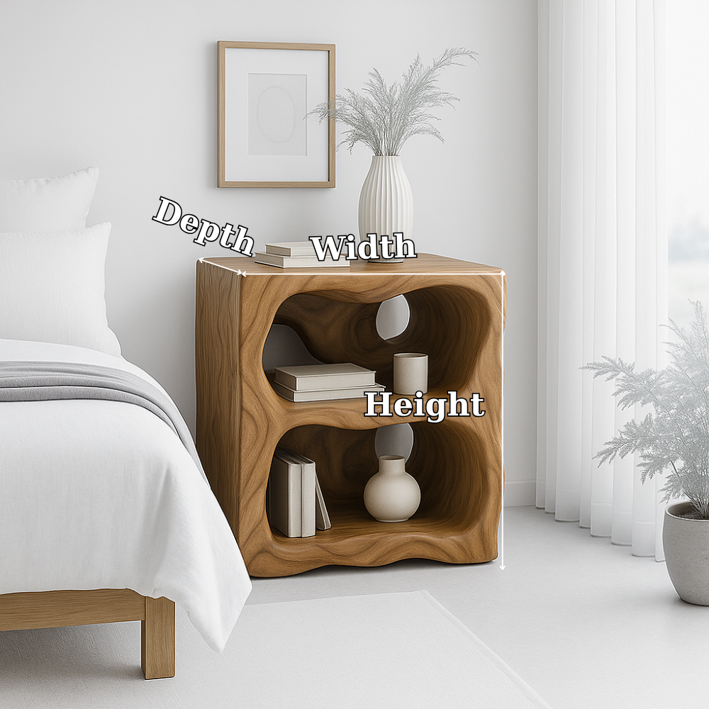 Handcrafted Solid Wood Nightstand – Organic Sculpted Bedside Table with Open Shelves