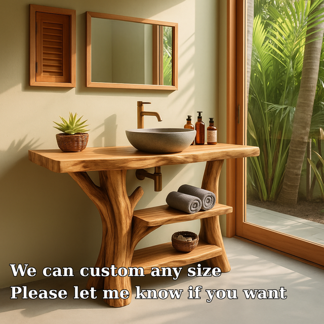 Handcrafted Solid Wood Bathroom Vanity – Organic Double Shelf Design for Natural Interiors