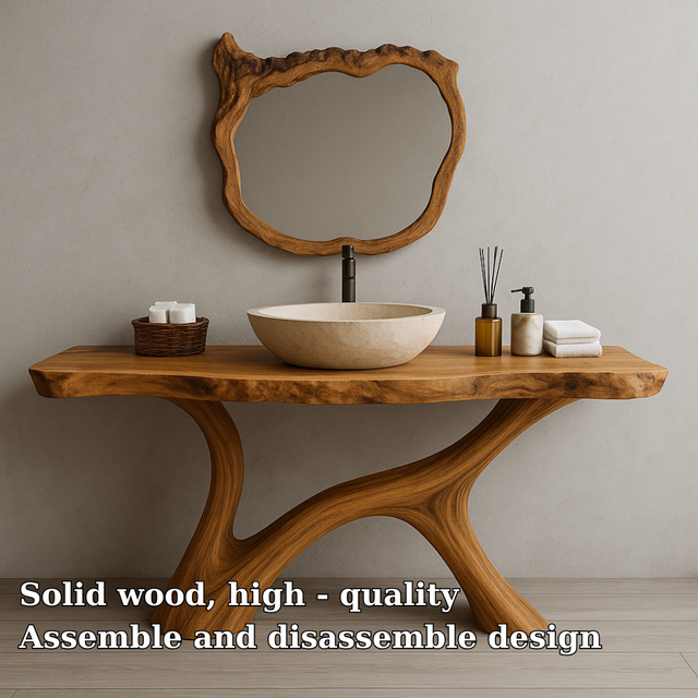 Handcrafted Solid Wood Bathroom Vanity – Organic Live Edge Design with Artistic Mirror Set