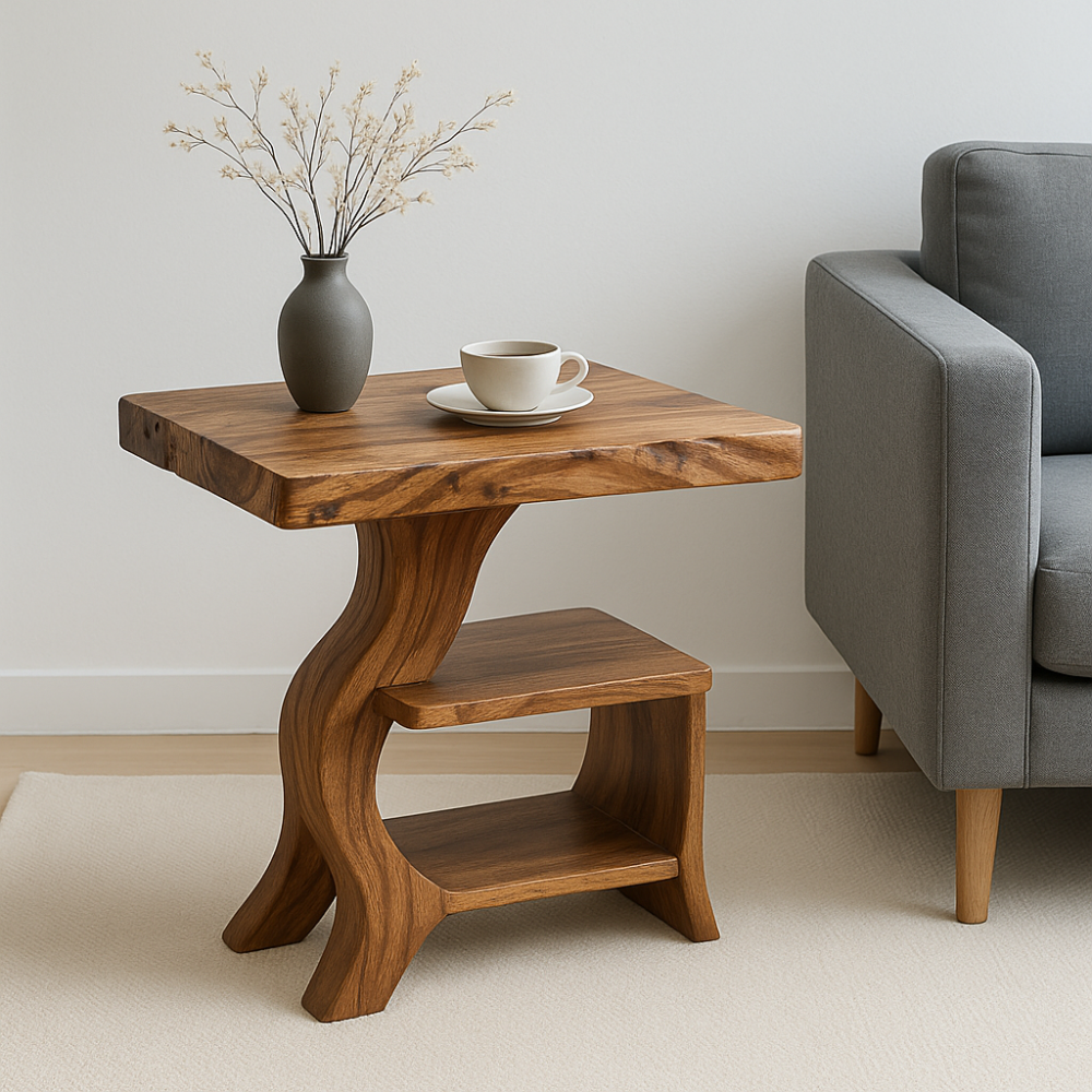 Handcrafted Solid Wood End Table – Organic Curved Design with Live-Edge Top