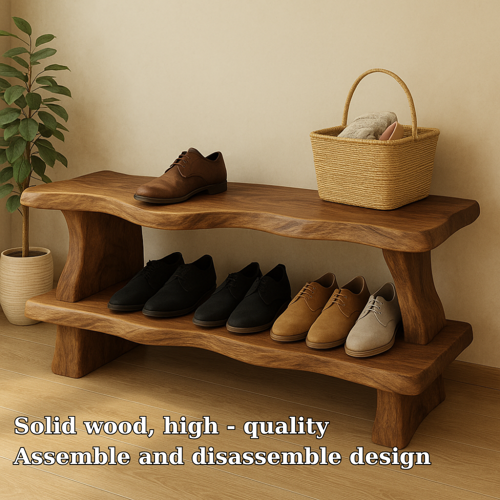Handcrafted Solid Wood Bench with Double Shelves – Rustic Entryway Organizer for Modern Homes