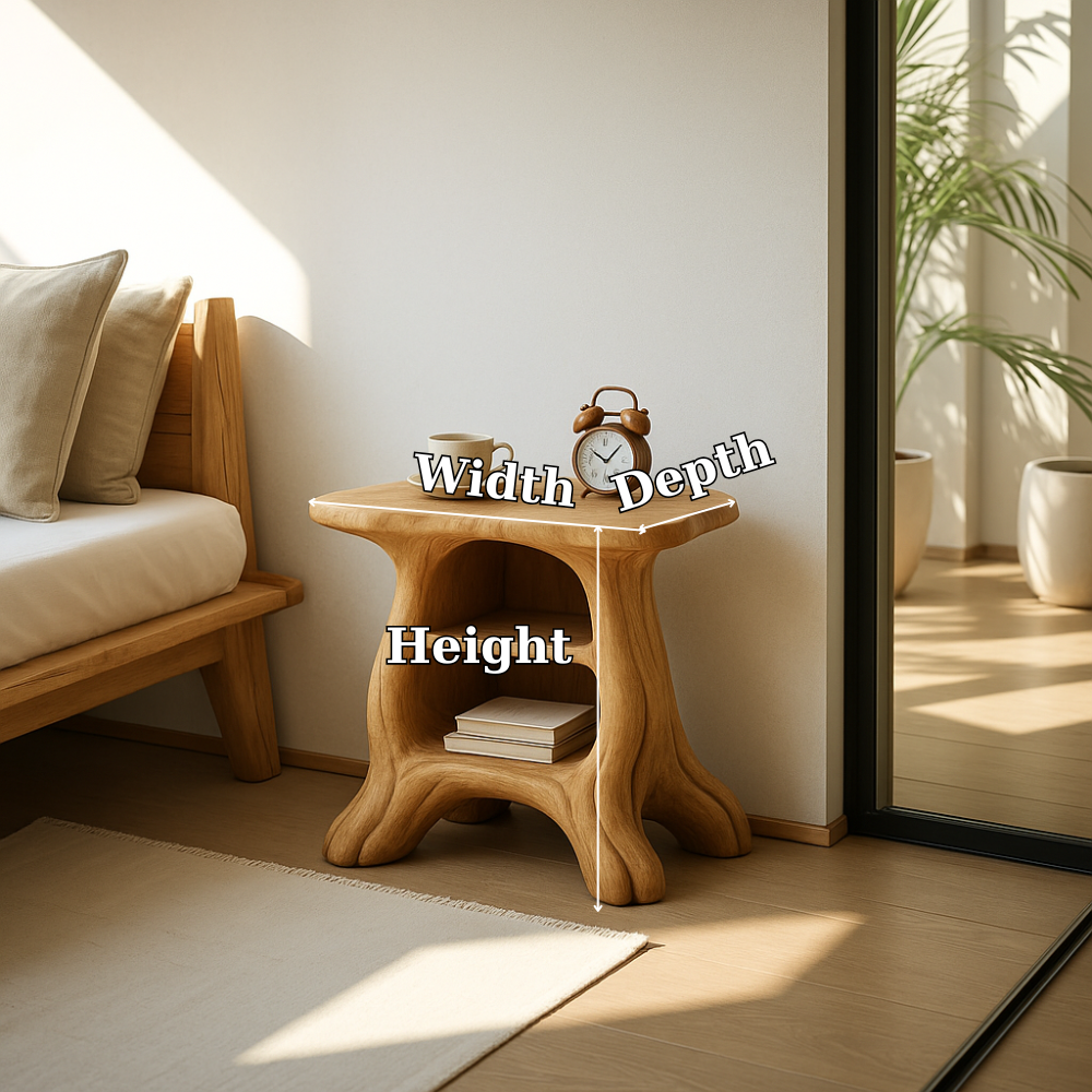 Handcrafted Solid Wood Nightstand – Organic Sculpted Bedside Table with Open Shelves