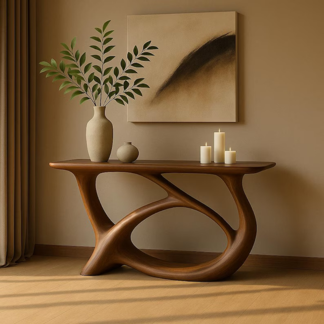 Handcrafted Solid Wood Console Table with Sculptural Flow Design – Modern Organic Art