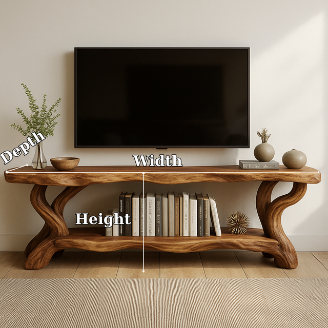 Handcrafted Solid Wood TV Stand – Organic Live Edge Design with Sculptural Shelf Base