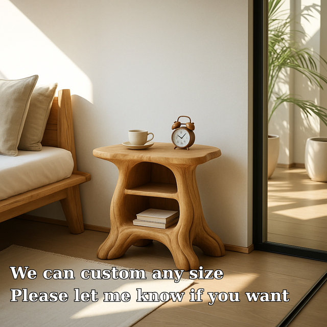 Handcrafted Solid Wood Nightstand – Organic Sculpted Bedside Table with Open Shelves