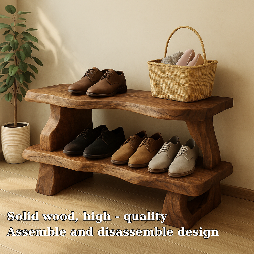 Handcrafted Solid Wood Bench with Double Shelf – Rustic Entryway Organizer for Natural Home Decor