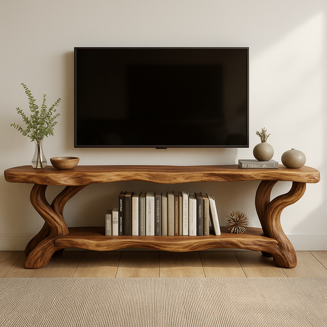 Handcrafted Solid Wood TV Stand – Organic Live Edge Design with Sculptural Shelf Base