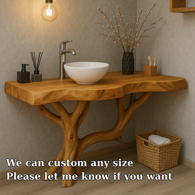 Handcrafted Solid Wood Bathroom Vanity – Organic Live Edge Design with Tree-Inspired Base