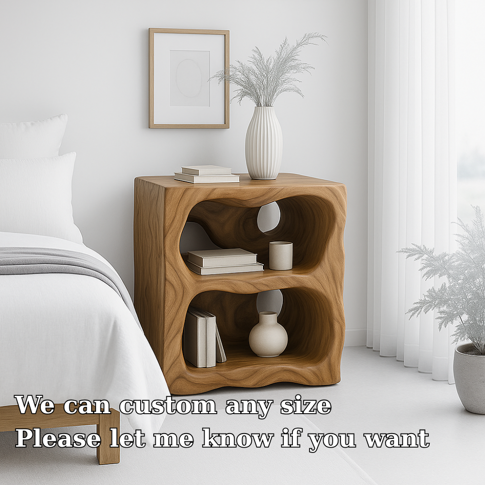 Handcrafted Solid Wood Nightstand – Organic Sculpted Bedside Table with Open Shelves