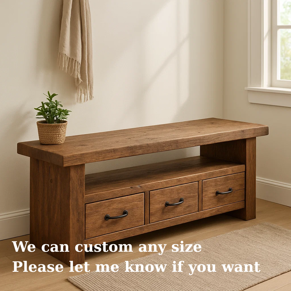 Handcrafted Solid Wood Bench – Rustic Entryway Storage Bench with 3 Drawers