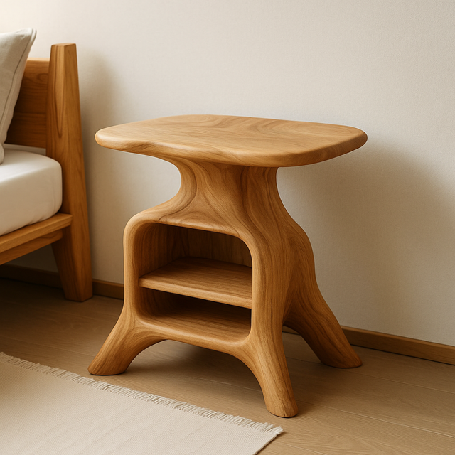 Handcrafted Solid Wood Nightstand – Sculpted Organic Bedside Table with Open Shelf