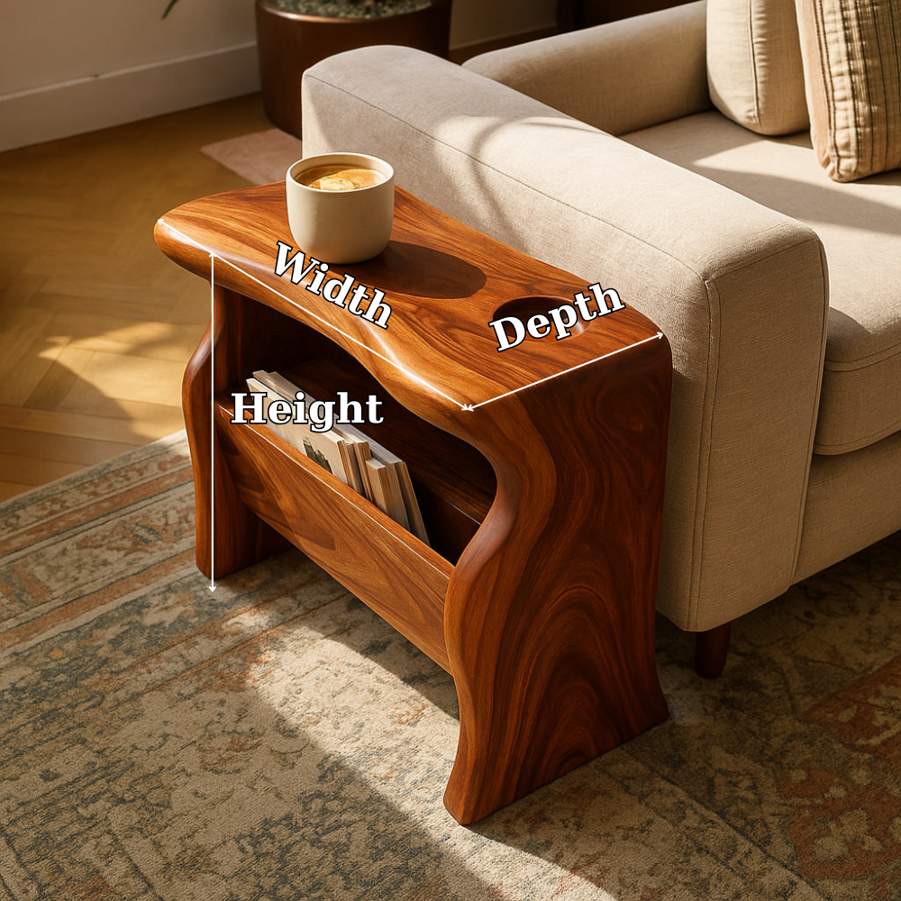 Handcrafted Solid Wood Armrest Table with Magazine Storage – Sculpted Organic Design