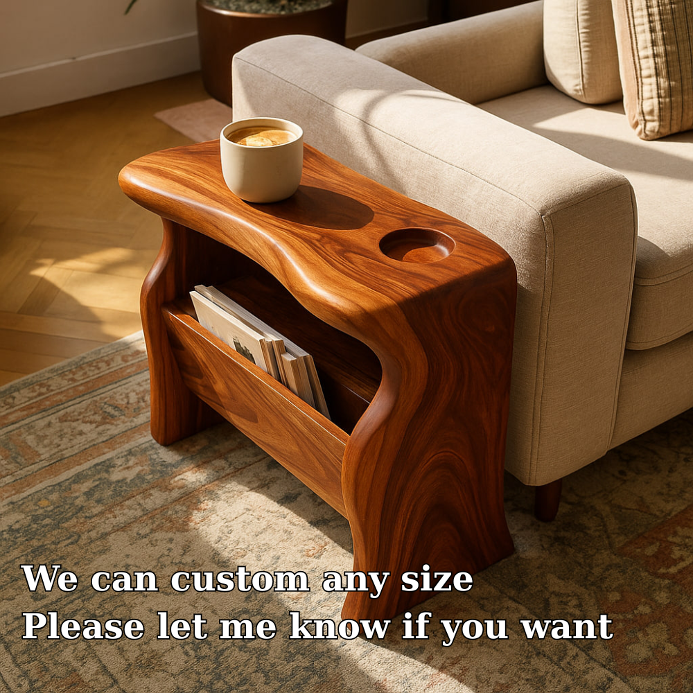 Handcrafted Solid Wood Armrest Table with Magazine Storage – Sculpted Organic Design