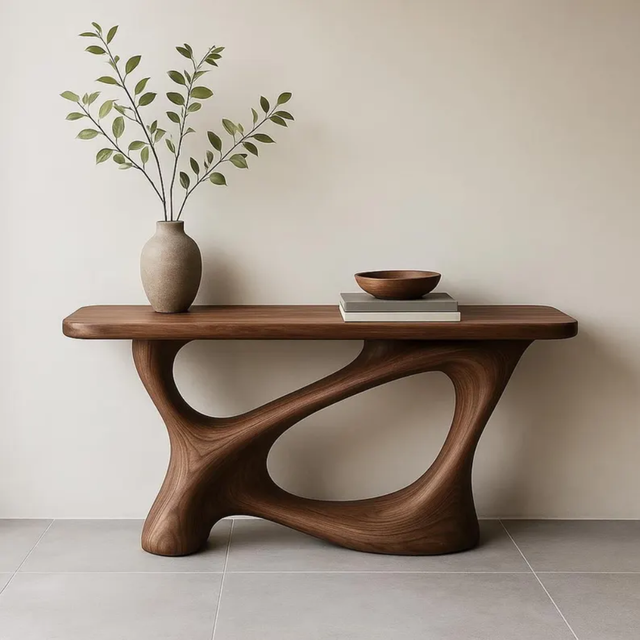 Handcrafted Solid Wood Console Table with Organic Sculptural Base – Modern Minimalist Design