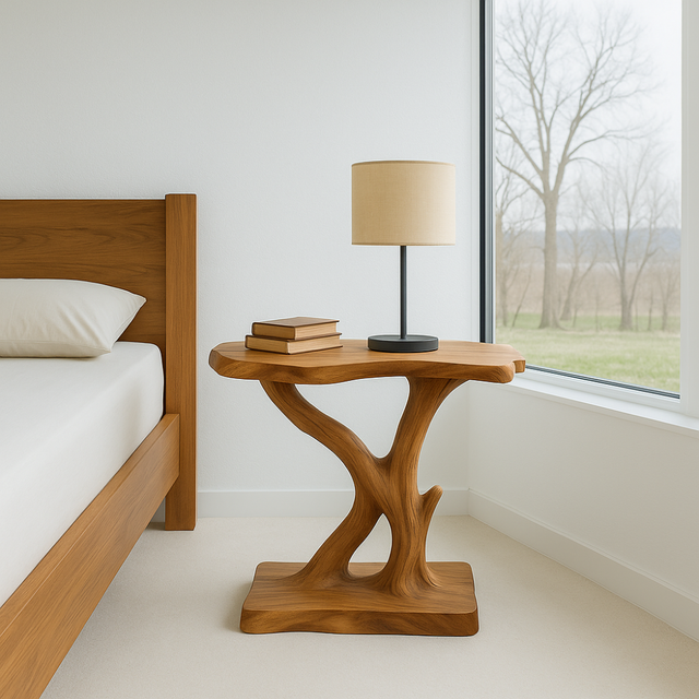 Handcrafted Solid Wood Nightstand – Sculptural Organic Bedside Table Design