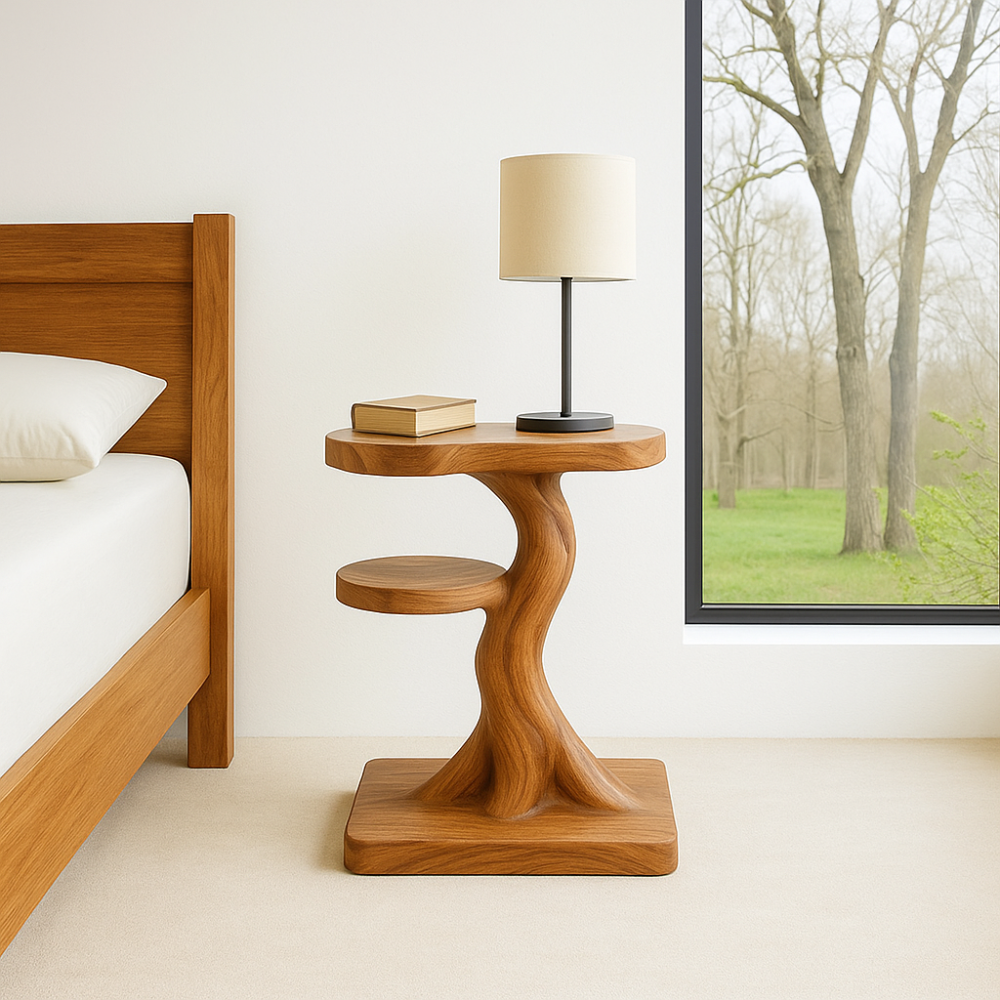 Handcrafted Solid Wood Nightstand – Sculptural Modern Bedside Table with Side Shelf