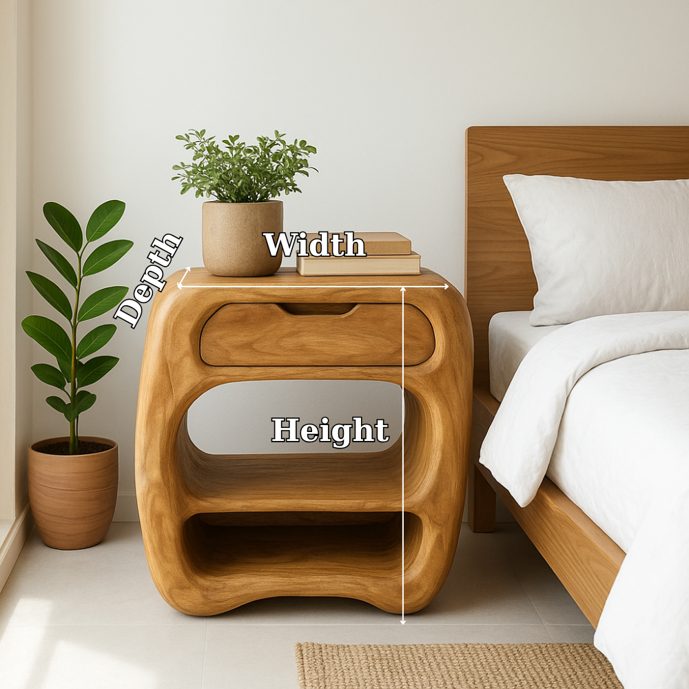 Handcrafted Solid Wood Nightstand – Sculptural Bedside Table with Drawer and Open Shelves