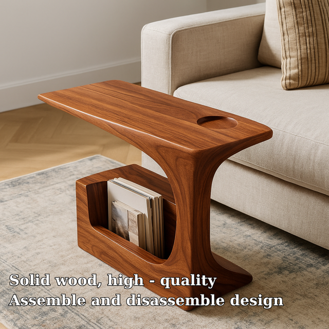 Handcrafted Solid Wood Armrest Table with Magazine Storage – Organic Sofa Side Table