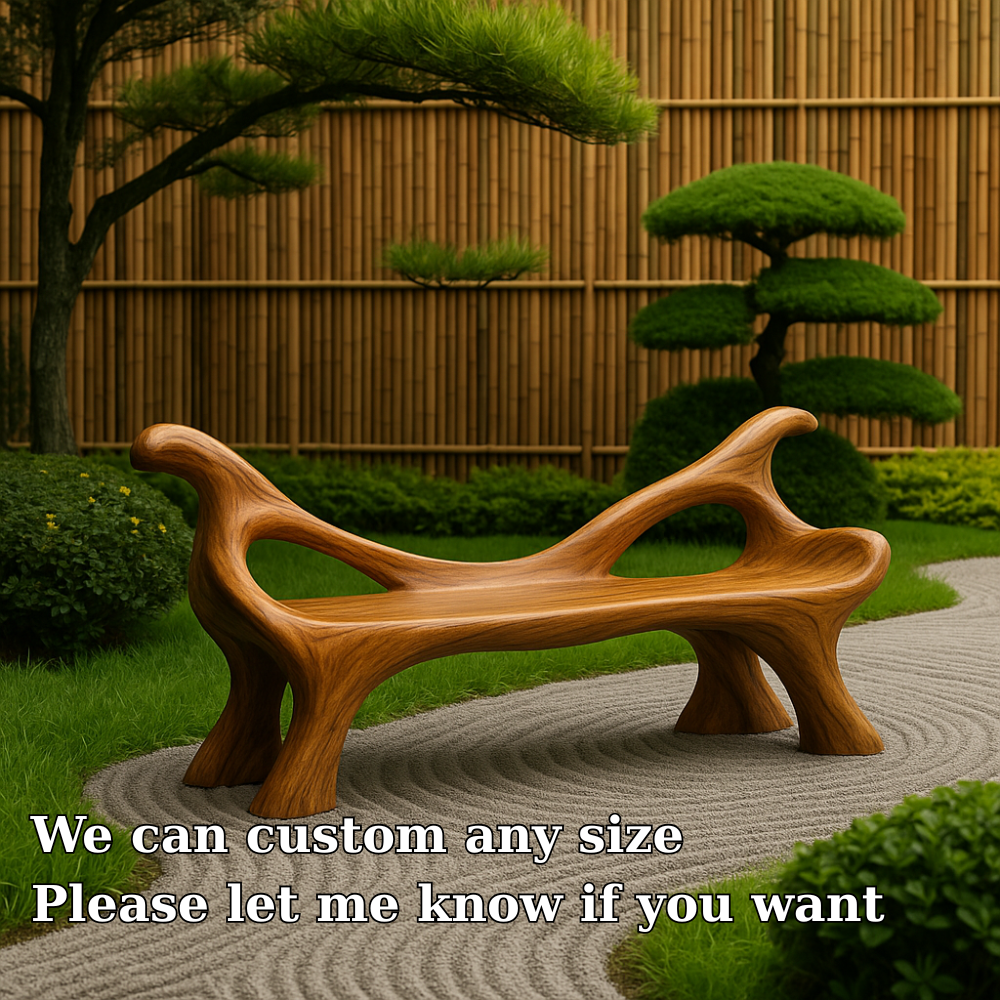 Handcrafted Solid Wood Bench with Backrest – Sculptural Organic Design for Garden & Patio