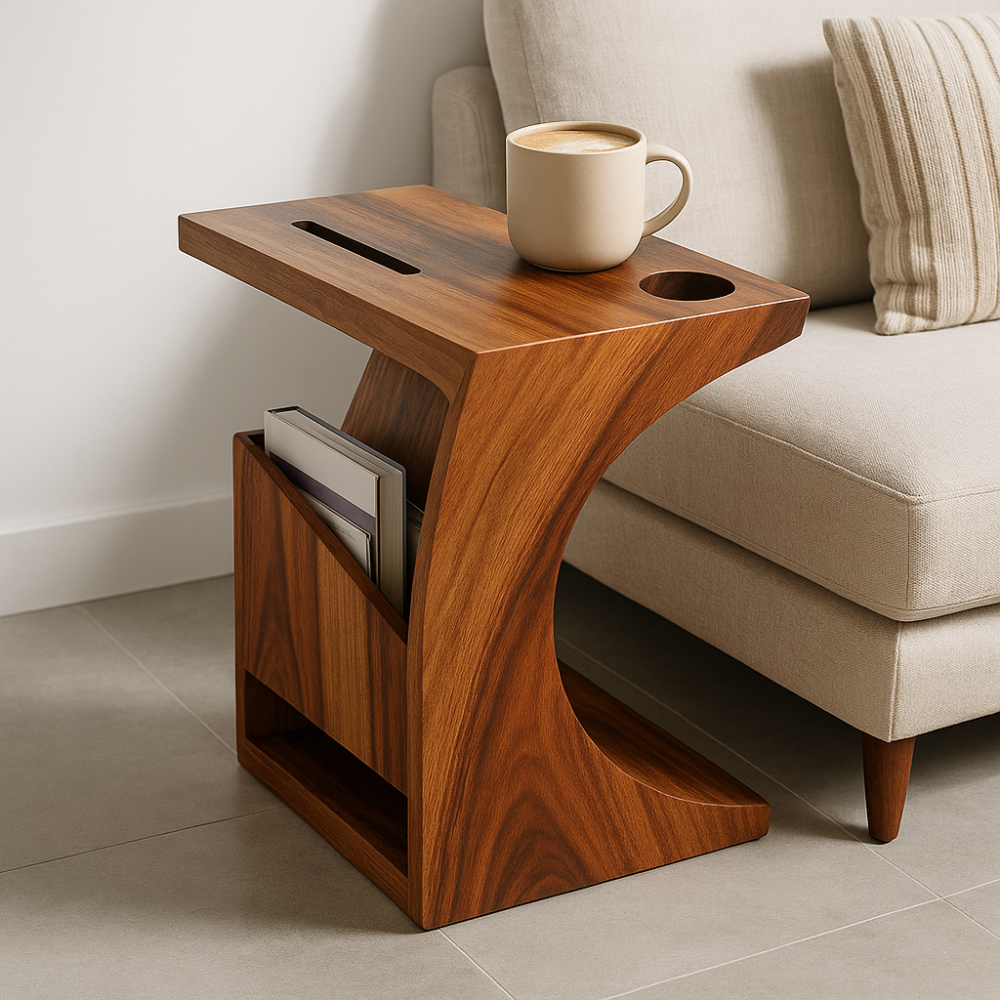 Handcrafted Solid Wood Armrest Table with Cup Holder & Magazine Storage