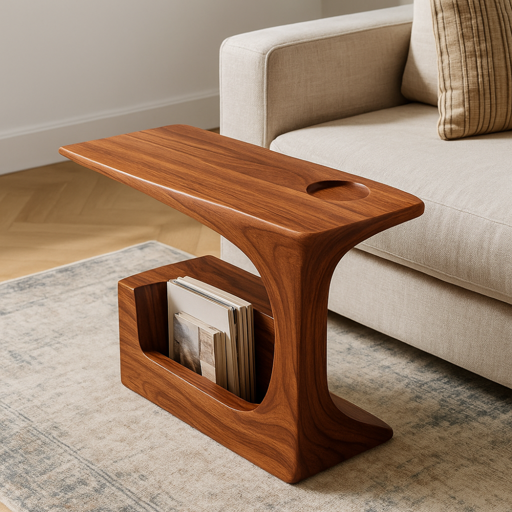 Handcrafted Solid Wood Armrest Table with Magazine Storage – Organic Sofa Side Table