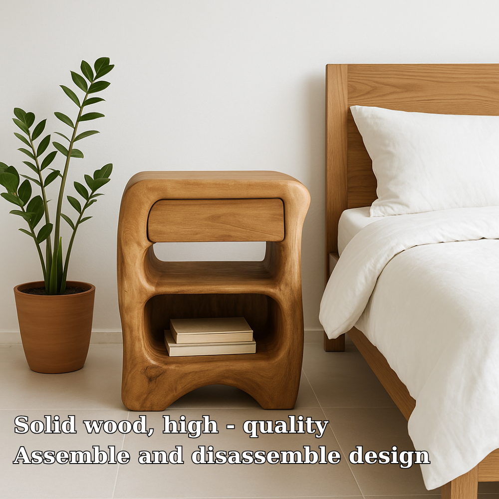 Handcrafted Solid Wood Nightstand – Sculptural Bedside Table with Drawer and Open Storage