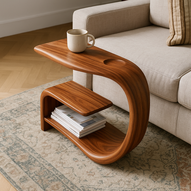 Handcrafted Solid Wood Armrest Table with Sculpted Curve Design & Storage Shelf