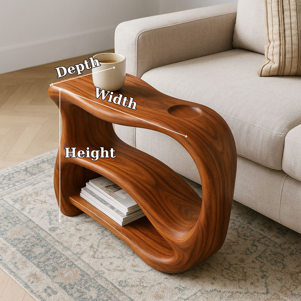 Handcrafted Solid Wood Armrest Table – Sculpted Organic Side Table with Storage Shelf