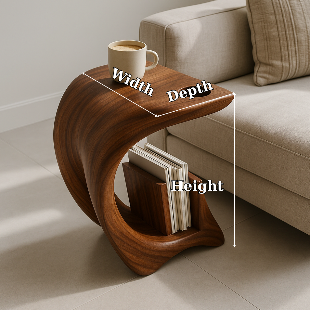 Handcrafted Solid Wood Armrest Table – Sculpted Organic Side Table with Storage Shelf