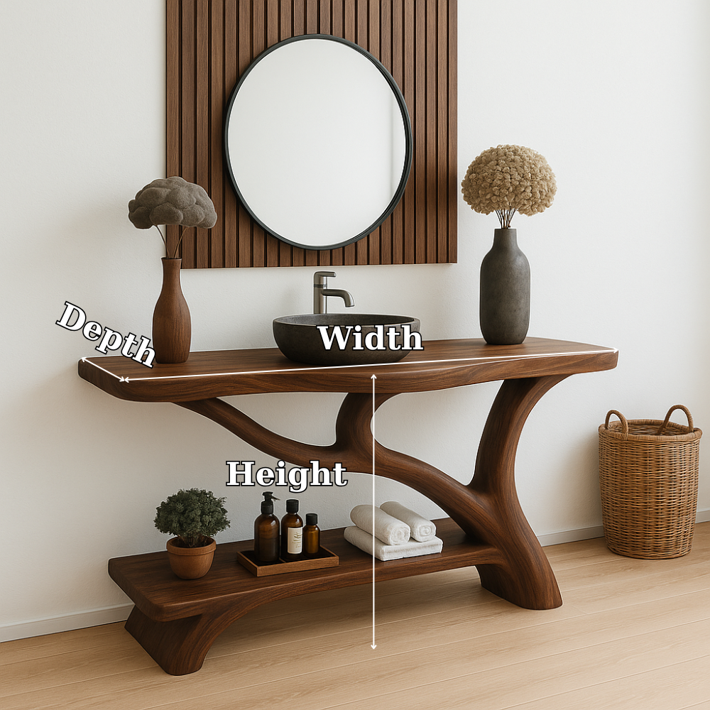 Handcrafted Solid Wood Bathroom Vanity – Organic Sculptural Design with Open Shelf Storage