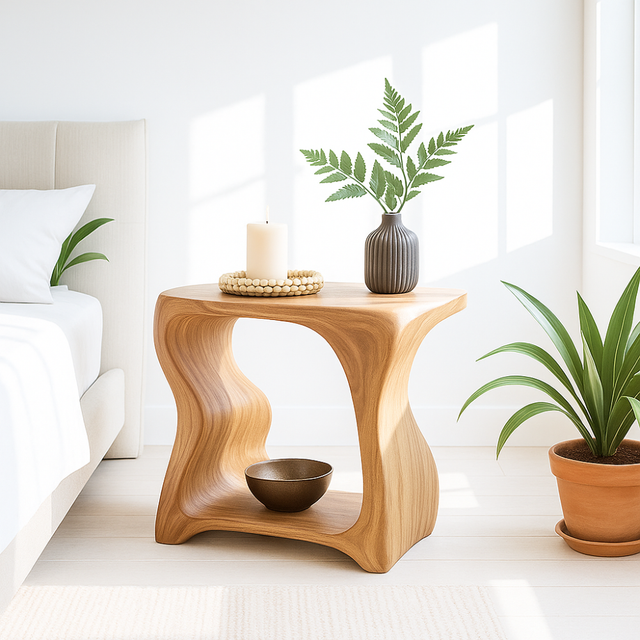 Handcrafted Solid Wood Nightstand – Sculpted Organic Bedside Table with Open Shelf