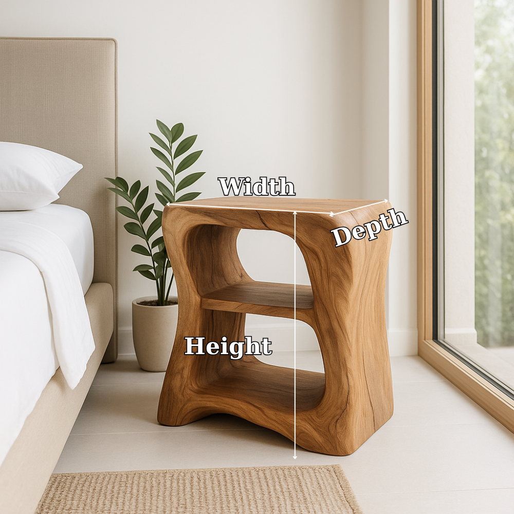 Handcrafted Solid Wood Nightstand – Sculpted Organic Bedside Table with Open Shelves