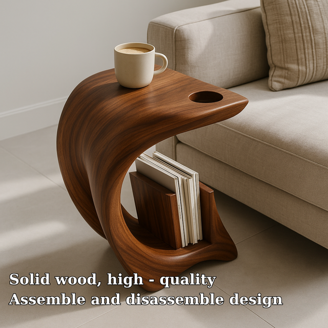 Handcrafted Solid Wood Armrest Table – Sculpted Organic Side Table with Storage Shelf