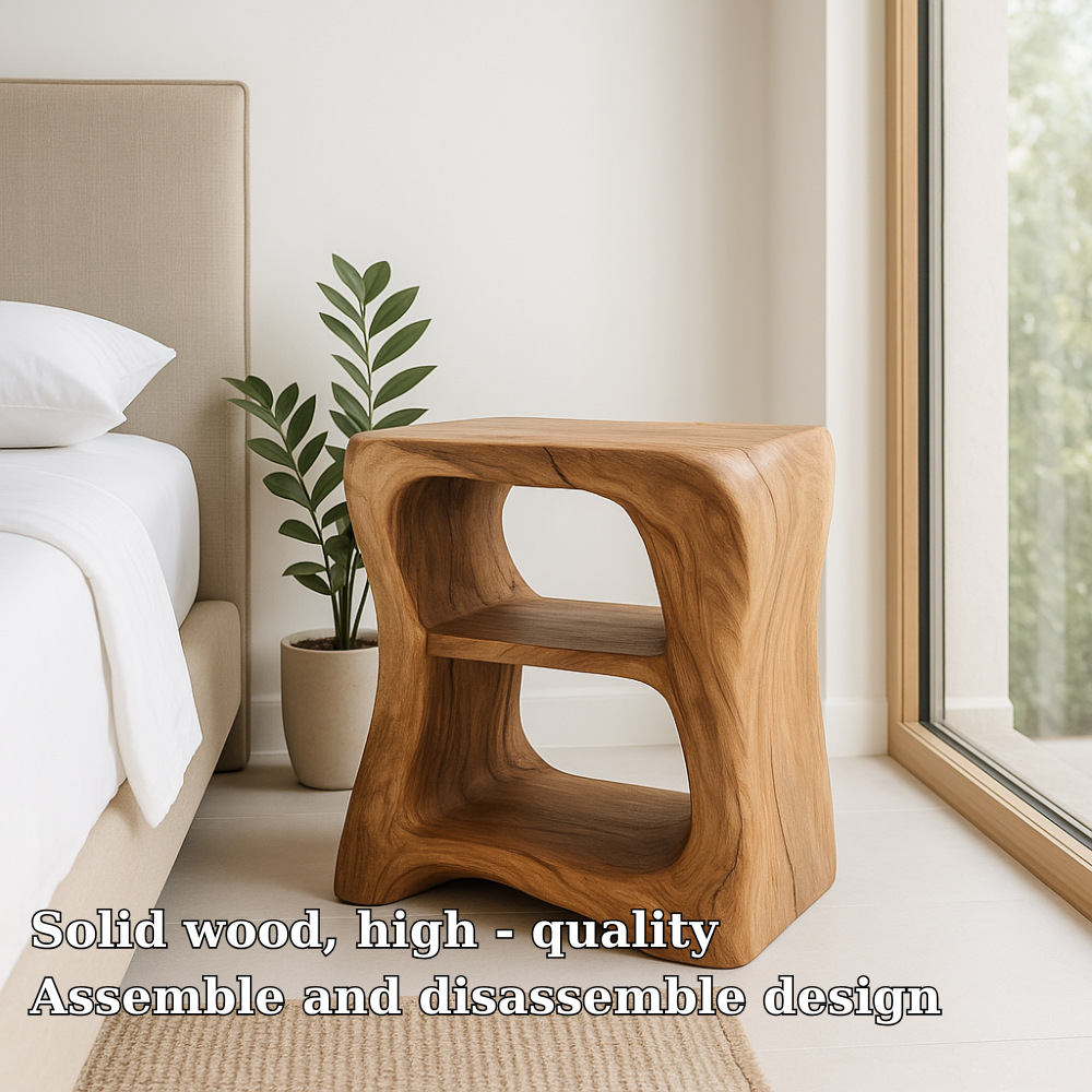 Handcrafted Solid Wood Nightstand – Sculpted Organic Bedside Table with Open Shelves
