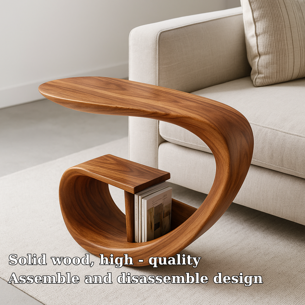 Handcrafted Solid Wood Armrest Table with Organic Sculpted Design & Storage Slot