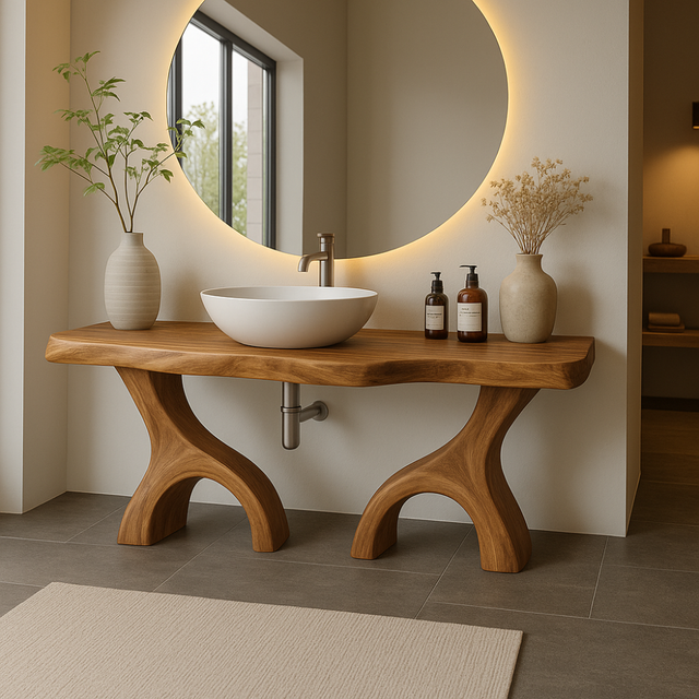 Handcrafted Solid Wood Bathroom Vanity with Dual Arched Base – Modern Organic Bathroom Design