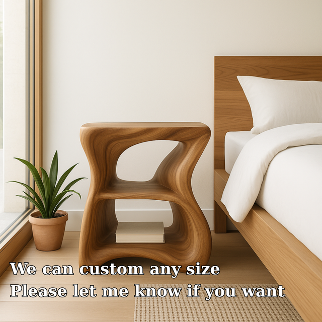 Handcrafted Solid Wood Nightstand – Modern Organic Bedside Table with Sculpted Shelves