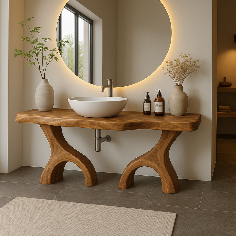Handcrafted Solid Wood Bathroom Vanity with Dual Arched Base – Modern Organic Bathroom Design