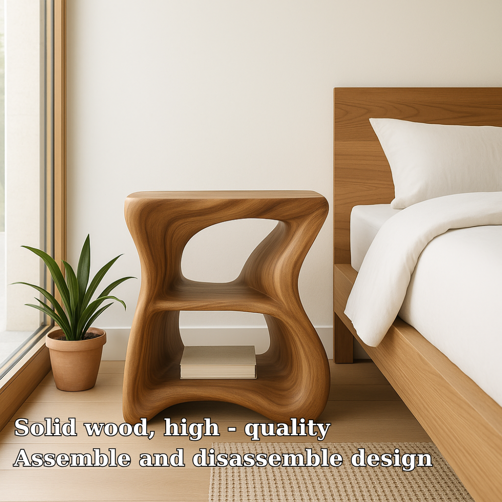 Handcrafted Solid Wood Nightstand – Modern Organic Bedside Table with Sculpted Shelves