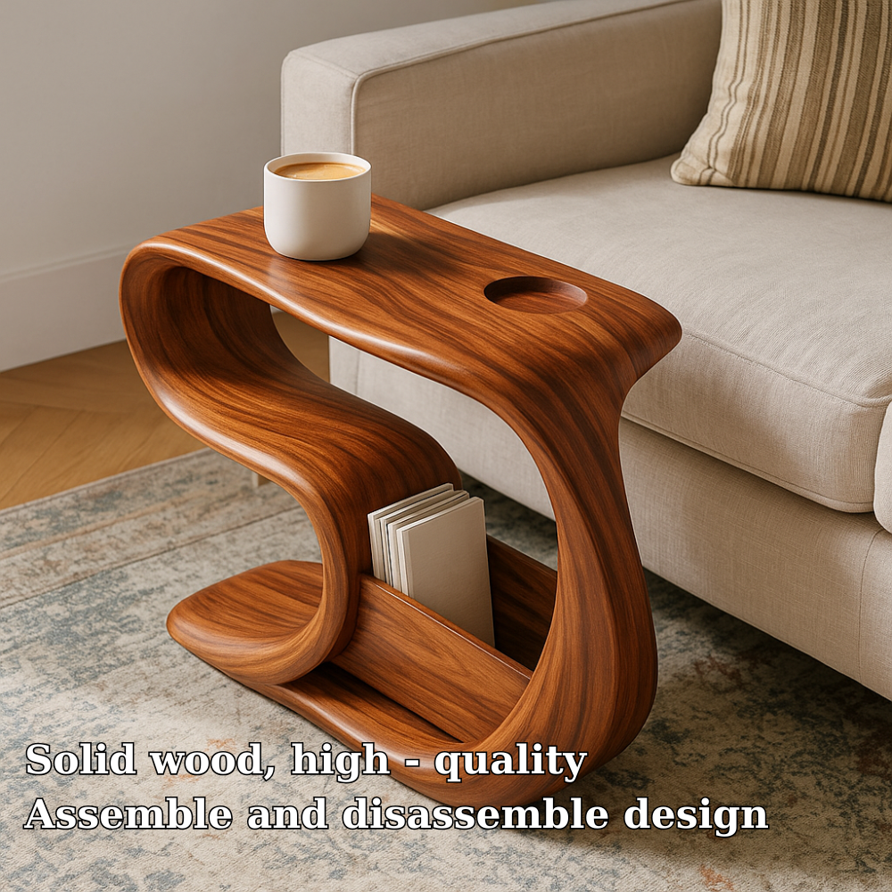 Handcrafted Solid Wood Armrest Table – Sculpted Organic Side Table with Storage Shelf