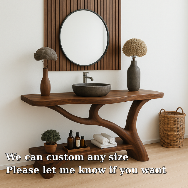 Handcrafted Solid Wood Bathroom Vanity – Organic Sculptural Design with Open Shelf Storage