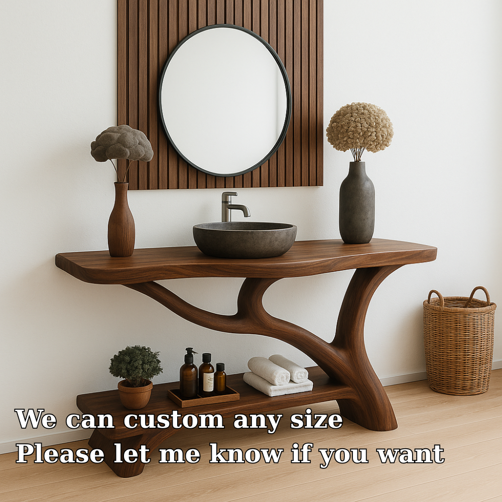 Handcrafted Solid Wood Bathroom Vanity – Organic Sculptural Design with Open Shelf Storage