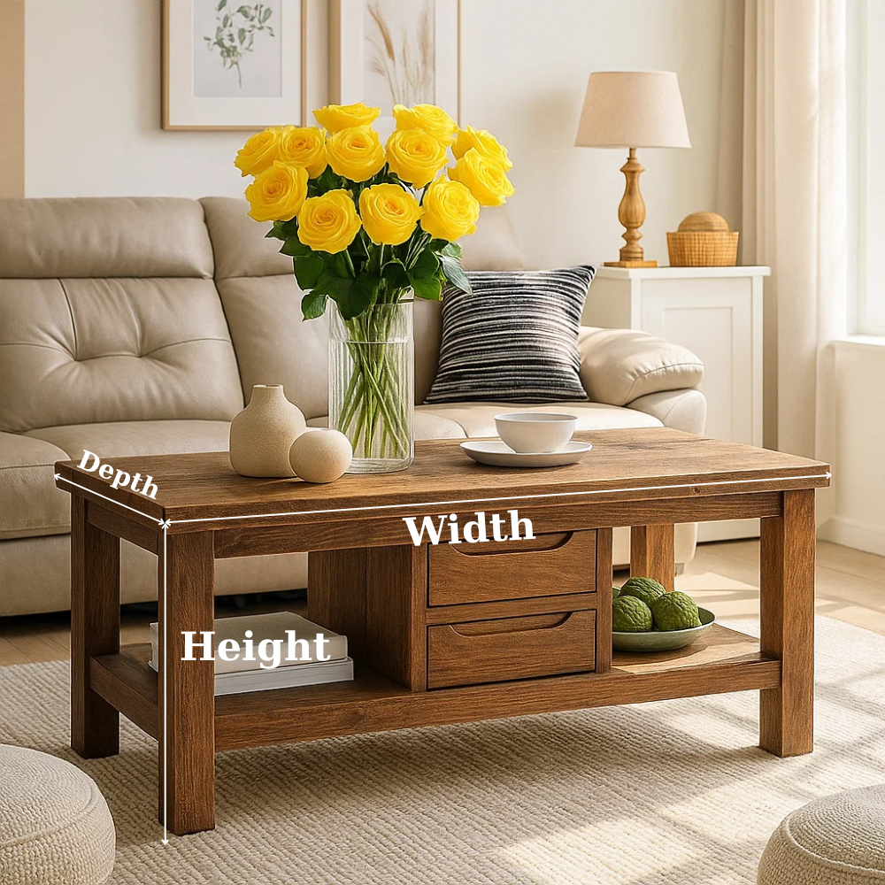 Handcrafted Solid Wood Coffee Table – Modern Farmhouse Center Table with Drawers and Open Shelf for Cozy Living Room